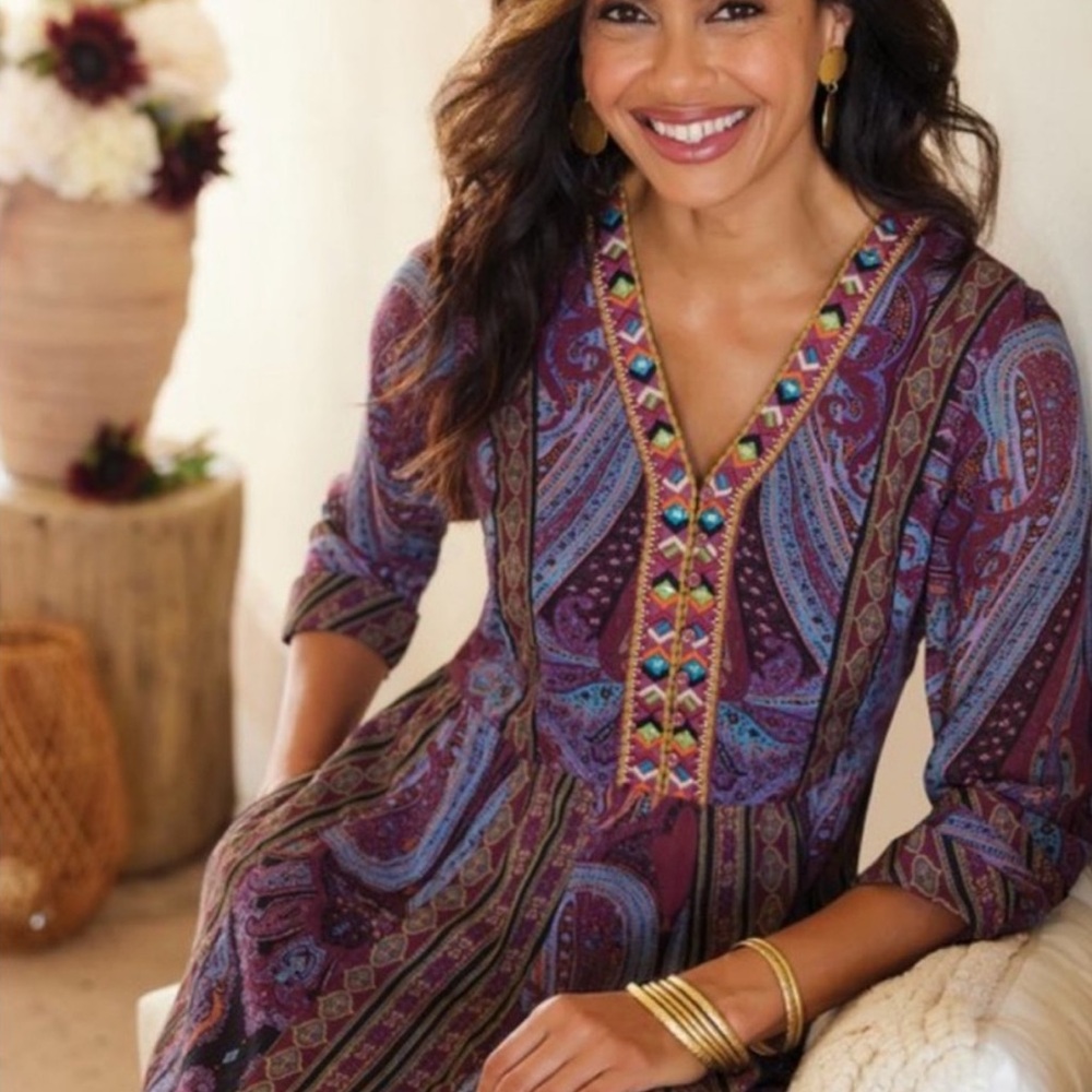 Soft Surroundings Mira Purple Paisley Embroidered Southwest Boho Maxi Dress - Picture 3 of 12
